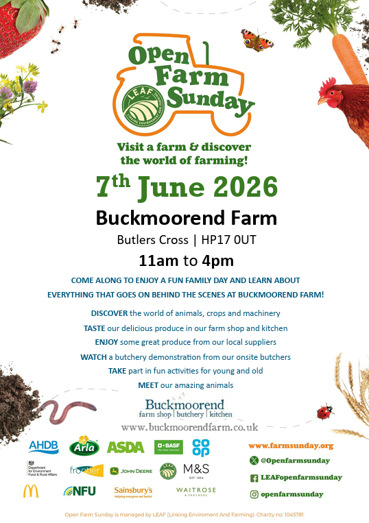 Poster for Open Farm Sunday at Buckmoorend Farm, Butlers Cross on 7th June 2026 11am to 4pm